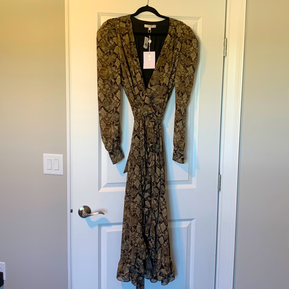 WAYF Snakeskin print, lined, wrap dress. New with Tags